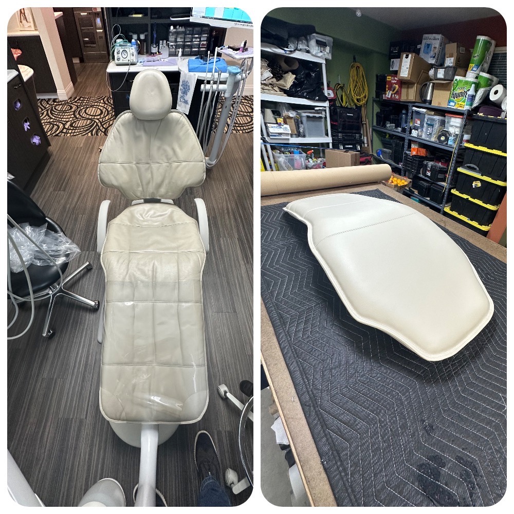 Before and after photo of black medical treatment chair showing damaged and then restored upholstery