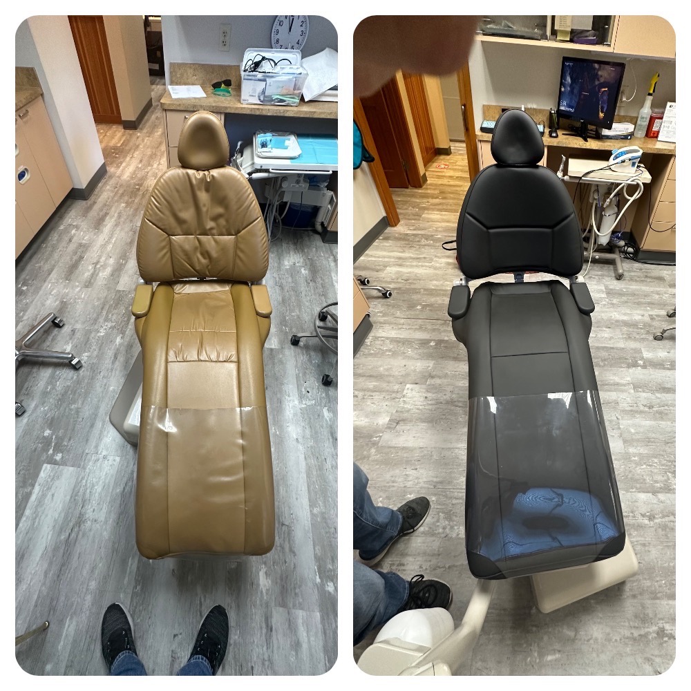 Side-by-side view of black cosmetic chair before with torn upholstery and after with fresh leatherette covering